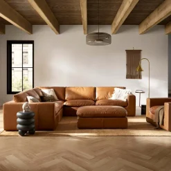New Dawson Leather L-Shape Sectional Sofa with Ottoman Living Room Sets|Living Room Sets