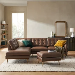 Outlet Isaac Leather Bumper Chaise Sectional Sofa with Ottoman Living Room Sets|Living Room Sets
