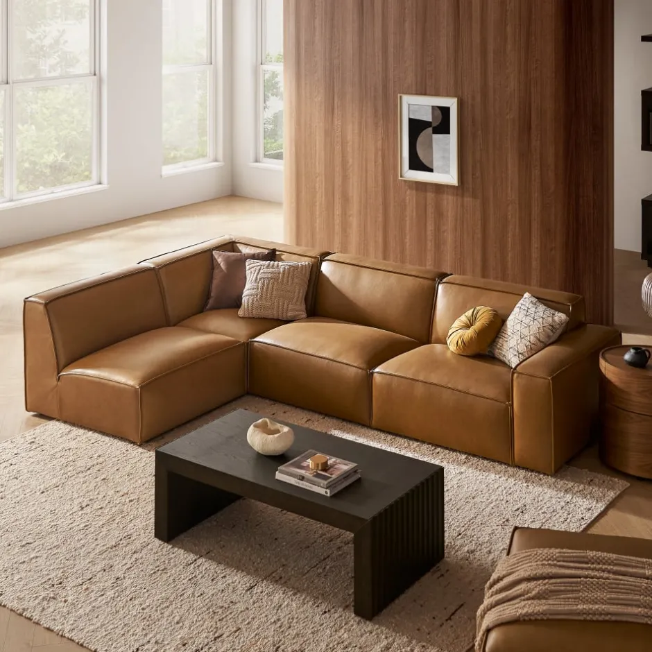 Outlet Jonathan Leather Chaise Sectional Sofa with Ottoman Living Room Sets|Living Room Sets