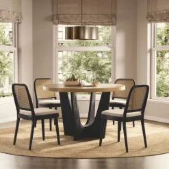 Discount Sawyer Round Dining Table with 4 Edith Cane Chairs, Black Small Dining Room Furniture|Dining Room Furniture Sets